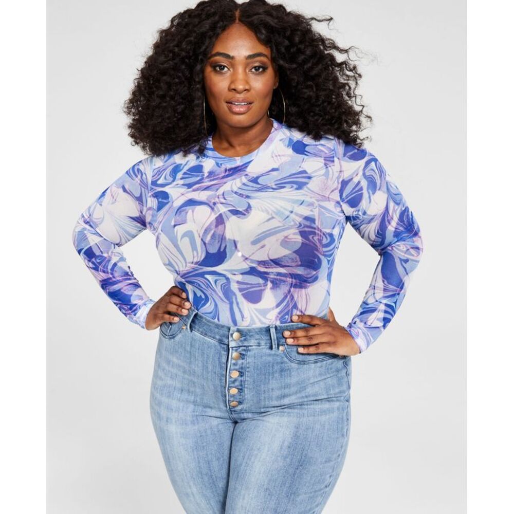 Nina Parker Plus Size Printed Mesh Bodysuit